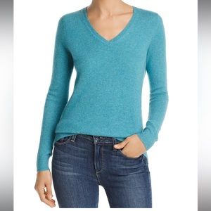Nordstrom NWOT 100% Cashmere Blue Teal V Neck Sweater Size Large